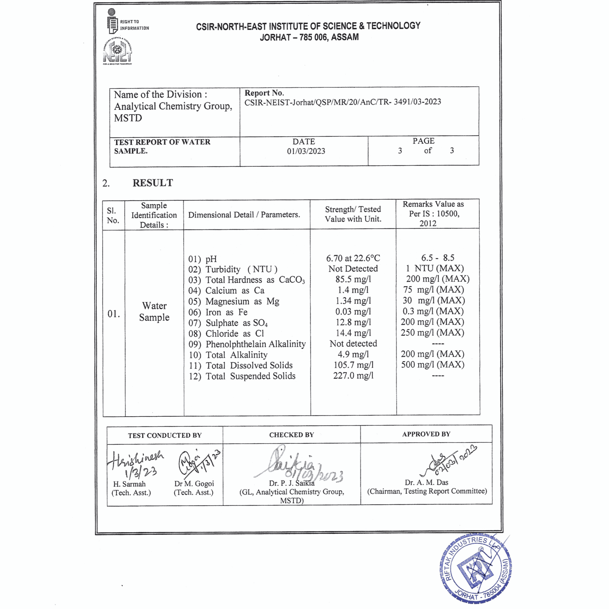 product_testing_report_ground_water_post_treatment_aqua_revive_plus_riftak_industries_llp
