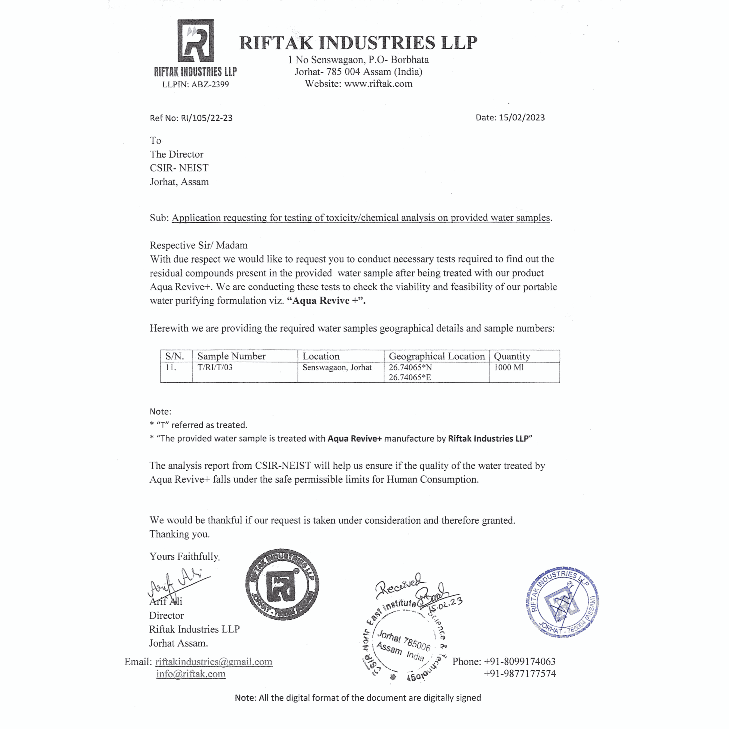 product_testing_request_letter_aqua_revive_plus_riftak_industries_llp